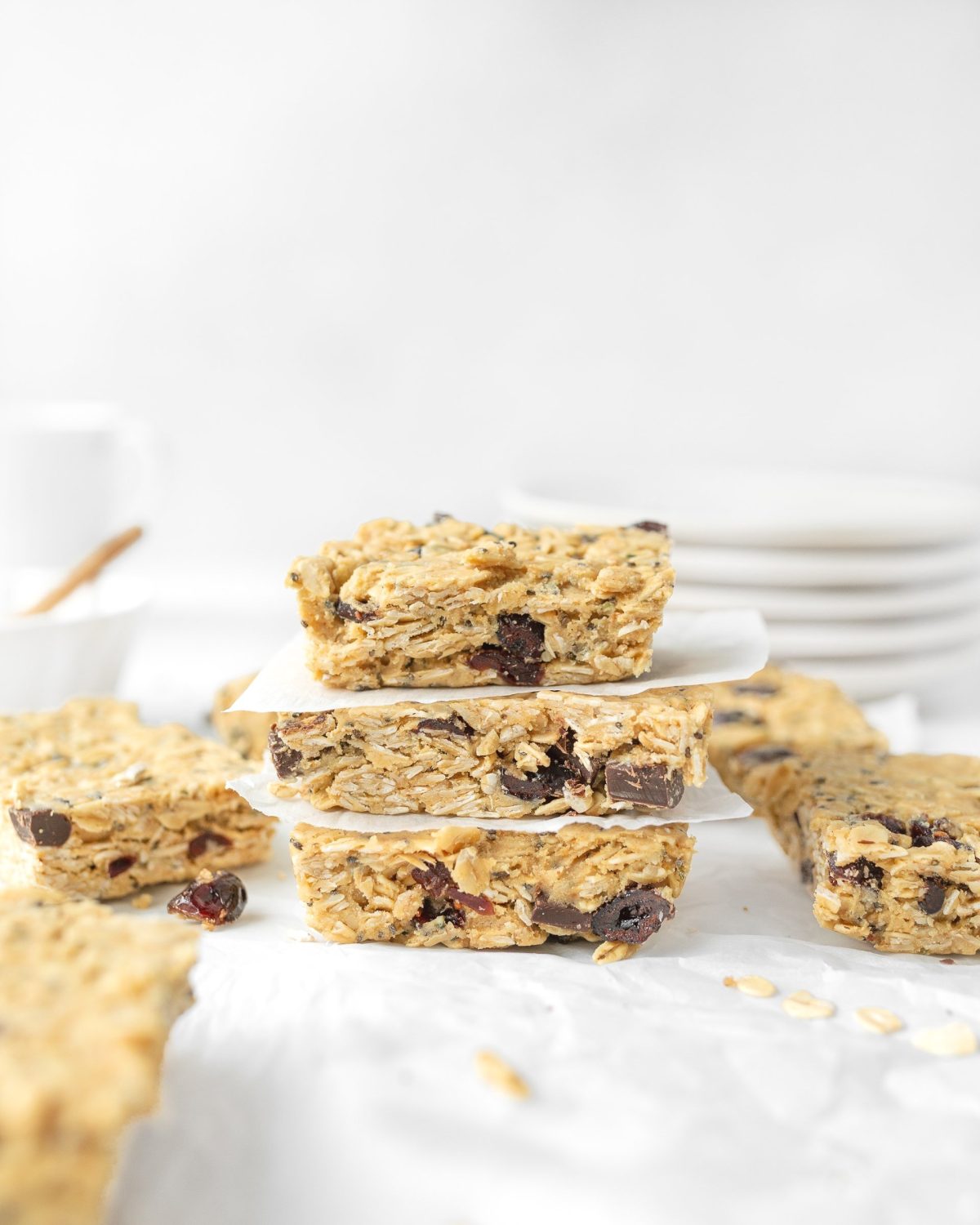 No Bake Protein Granola Bars cut and stacked (straight on)