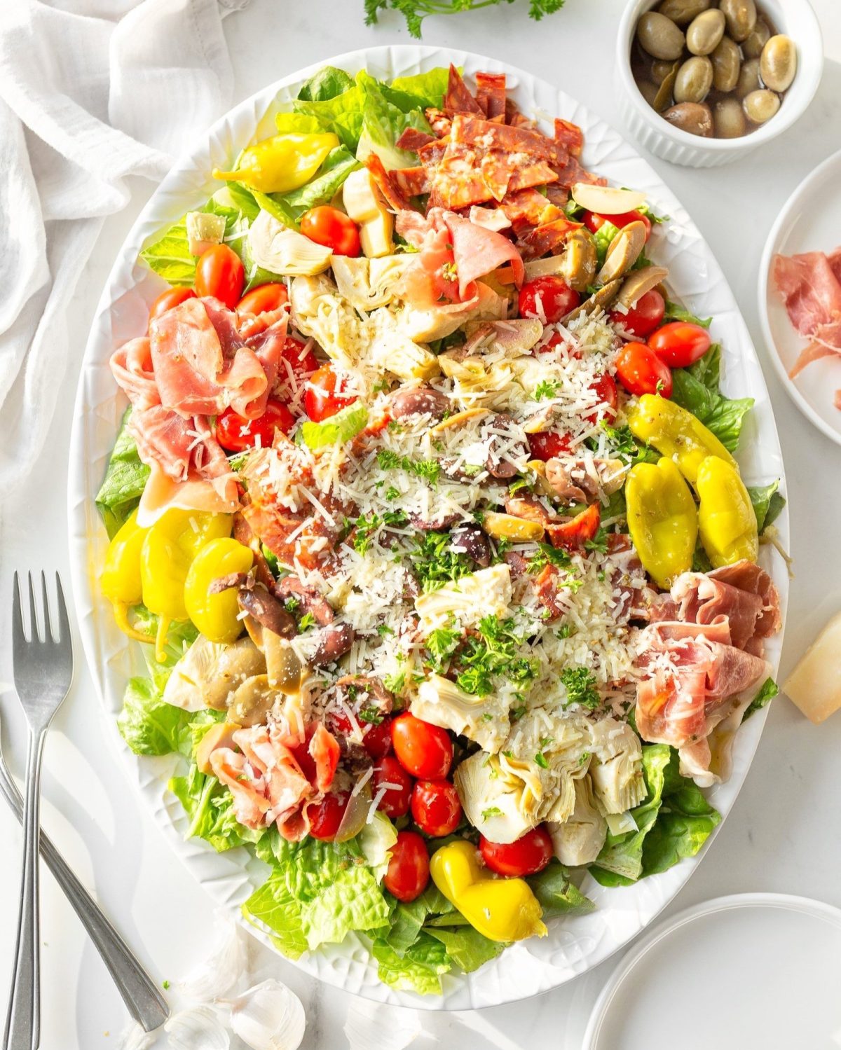 Antipasto Salad with Italian Vinaigrette layered and plated.
