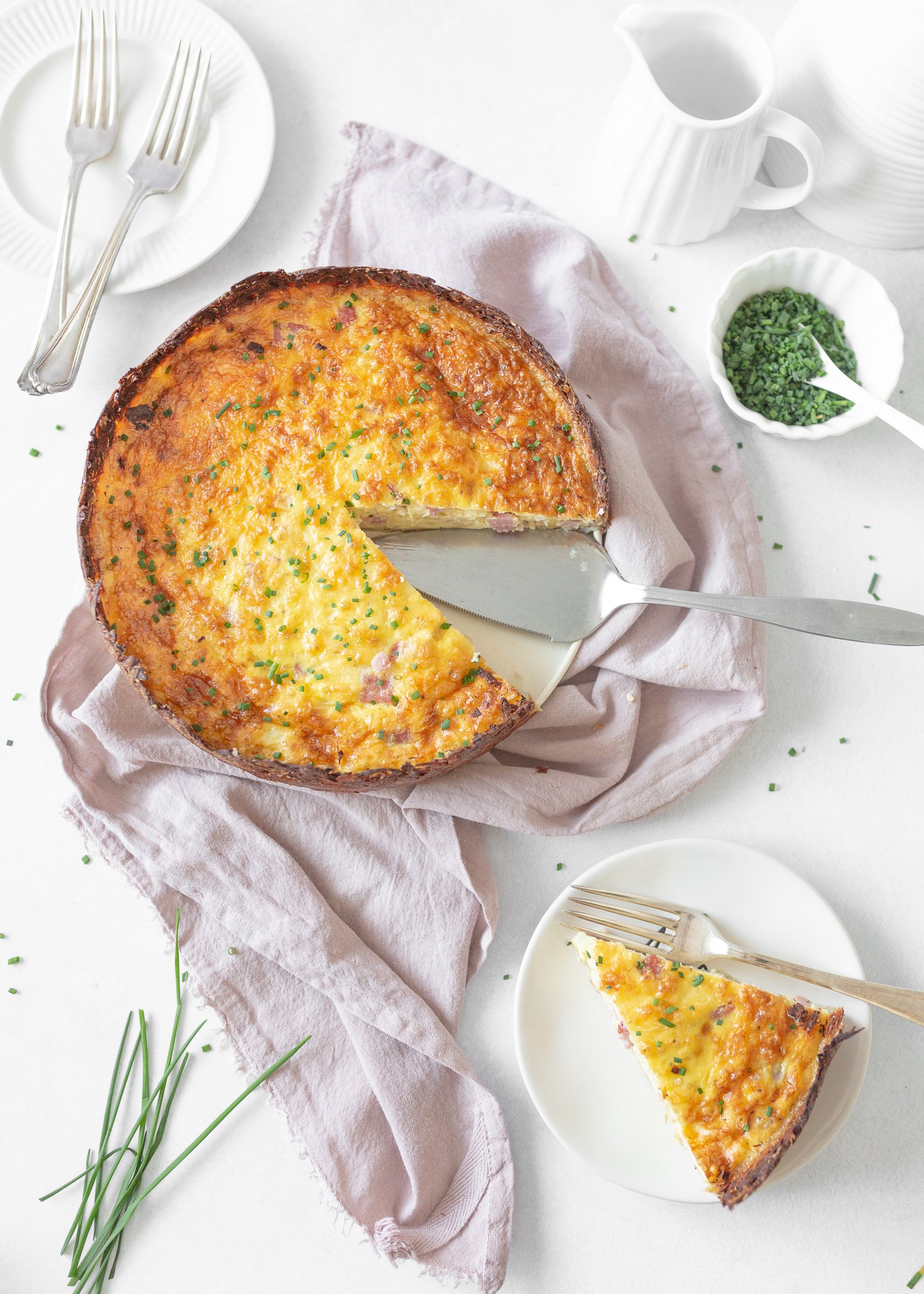 Potato Crusted Ham and Swiss Quiche (top down)