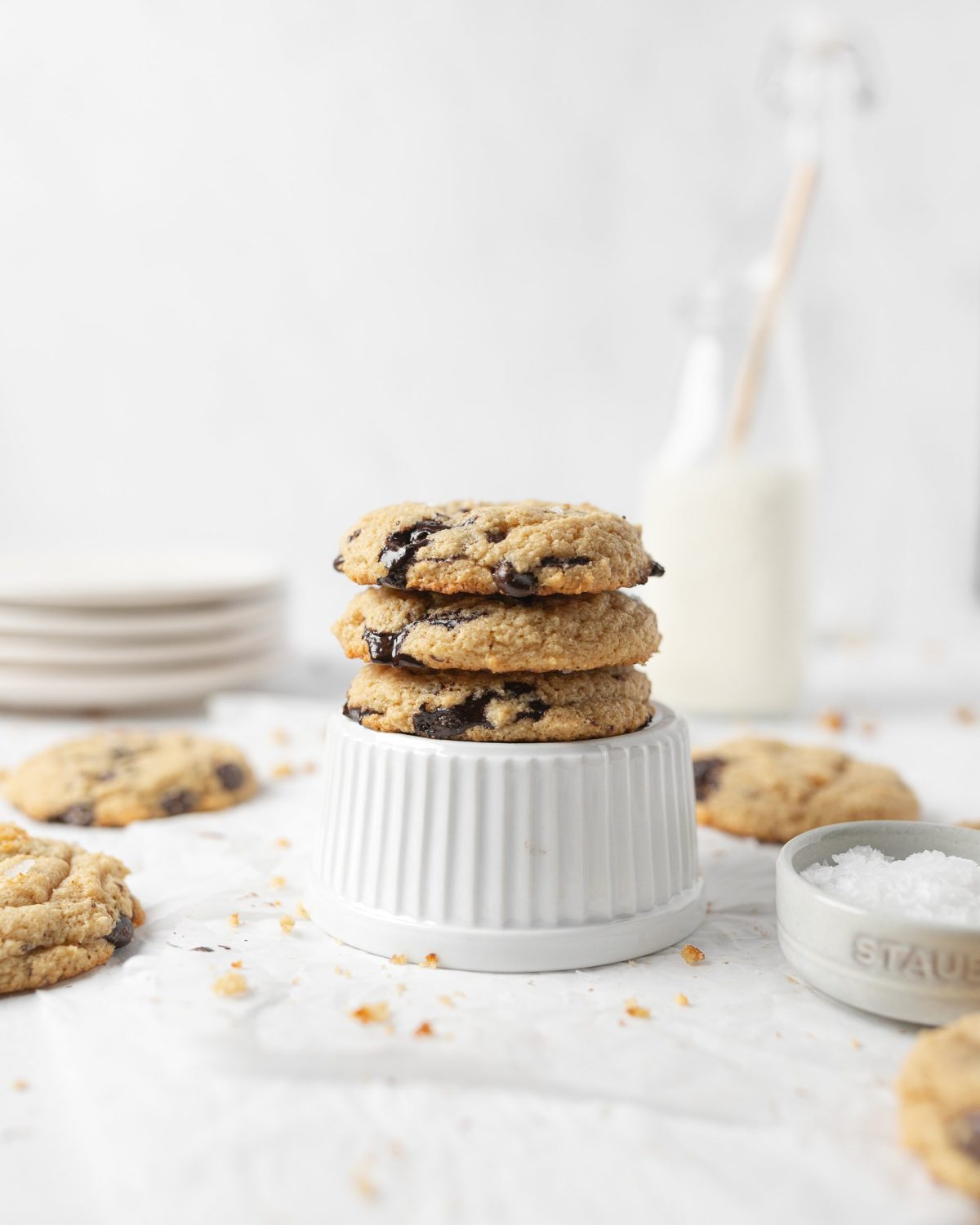 A stack of Chewy Gluten-free Peanut Butter Protein Cookies (straight on)