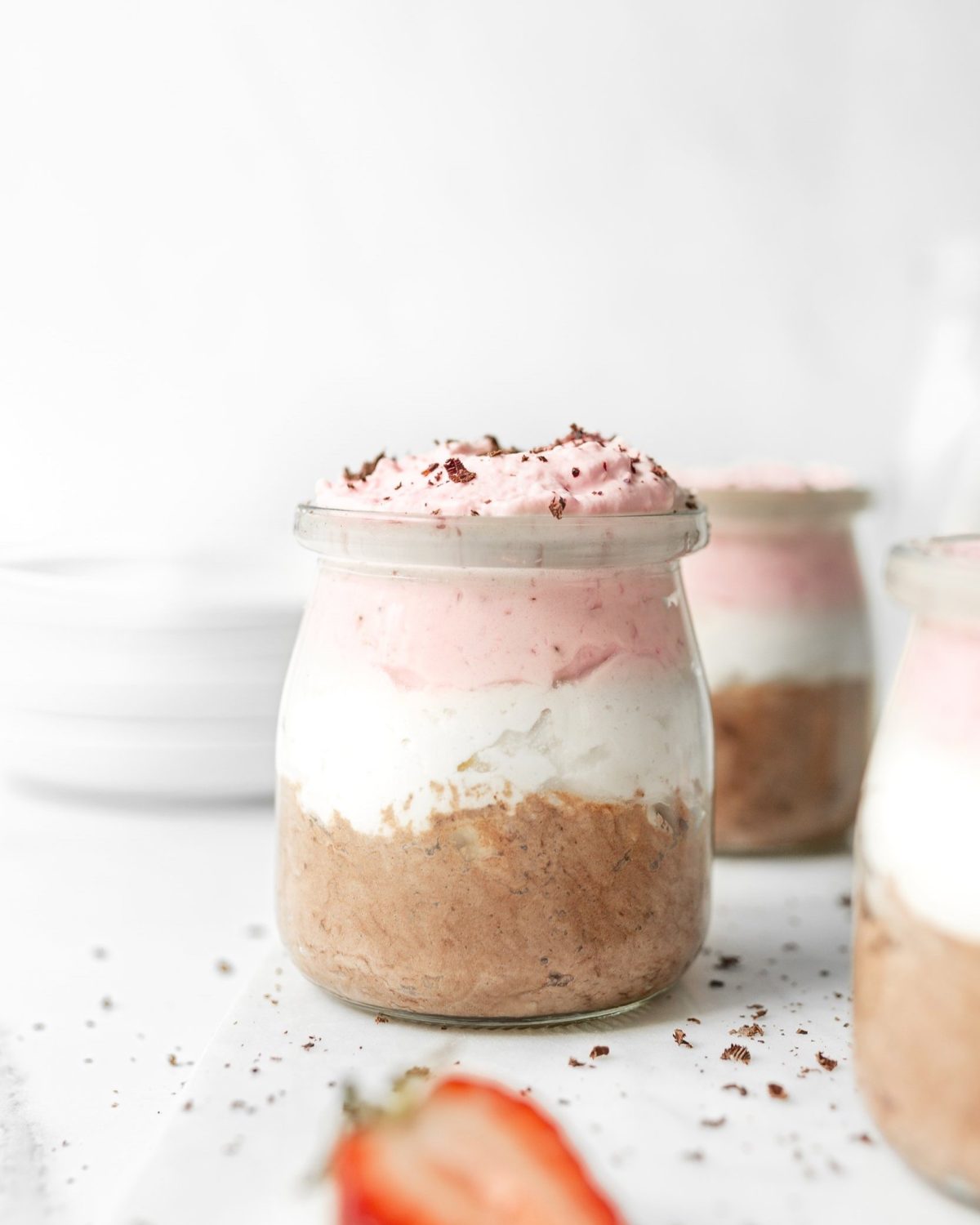 10-minute Neapolitan Mousse layered in small jars.
