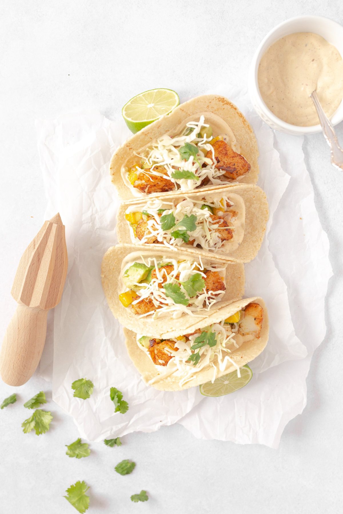 Cod Tacos with Mango Avocado Salsa assembled (top down)