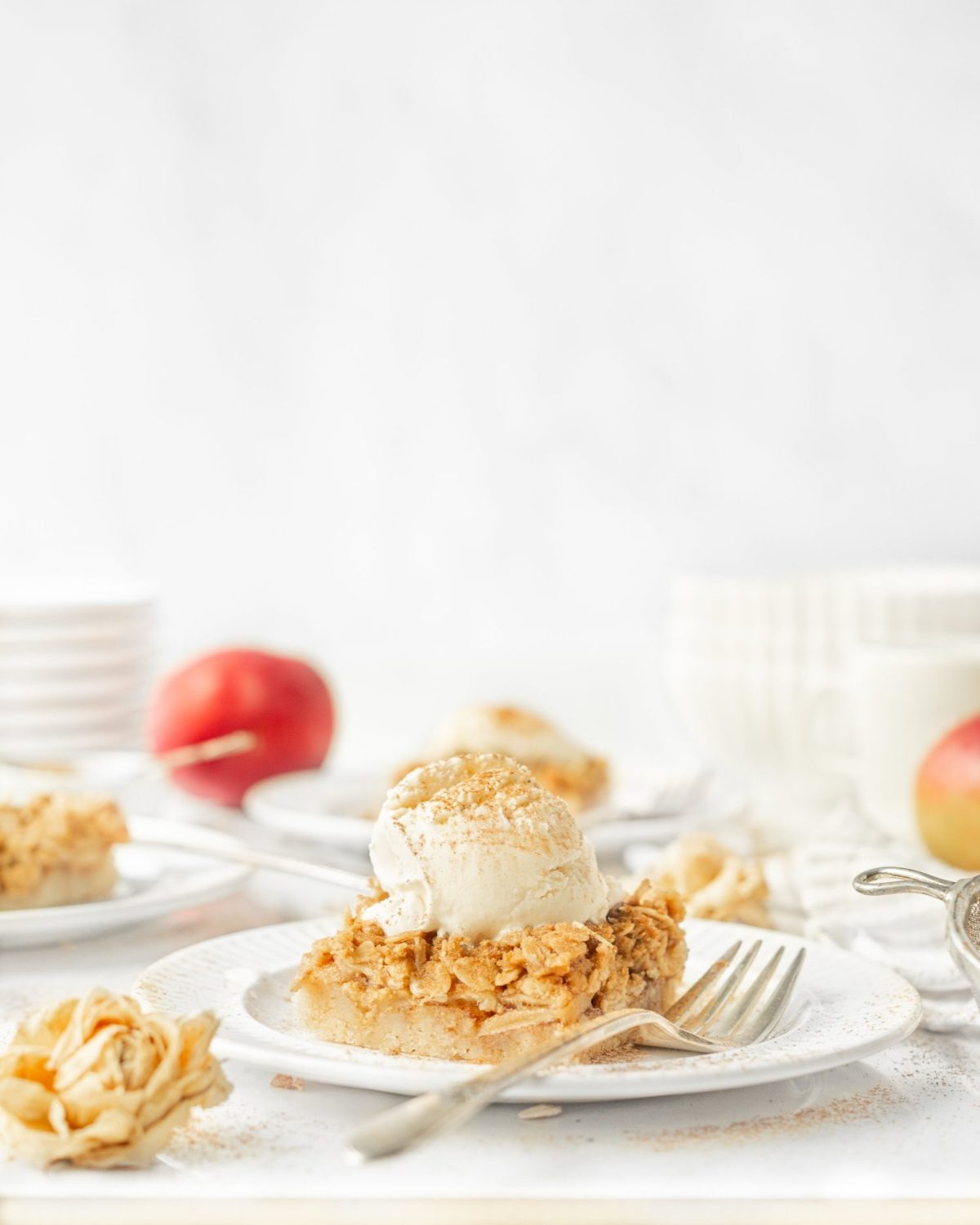 GF Apple Crumble Bars plated with ice cream (straight on)