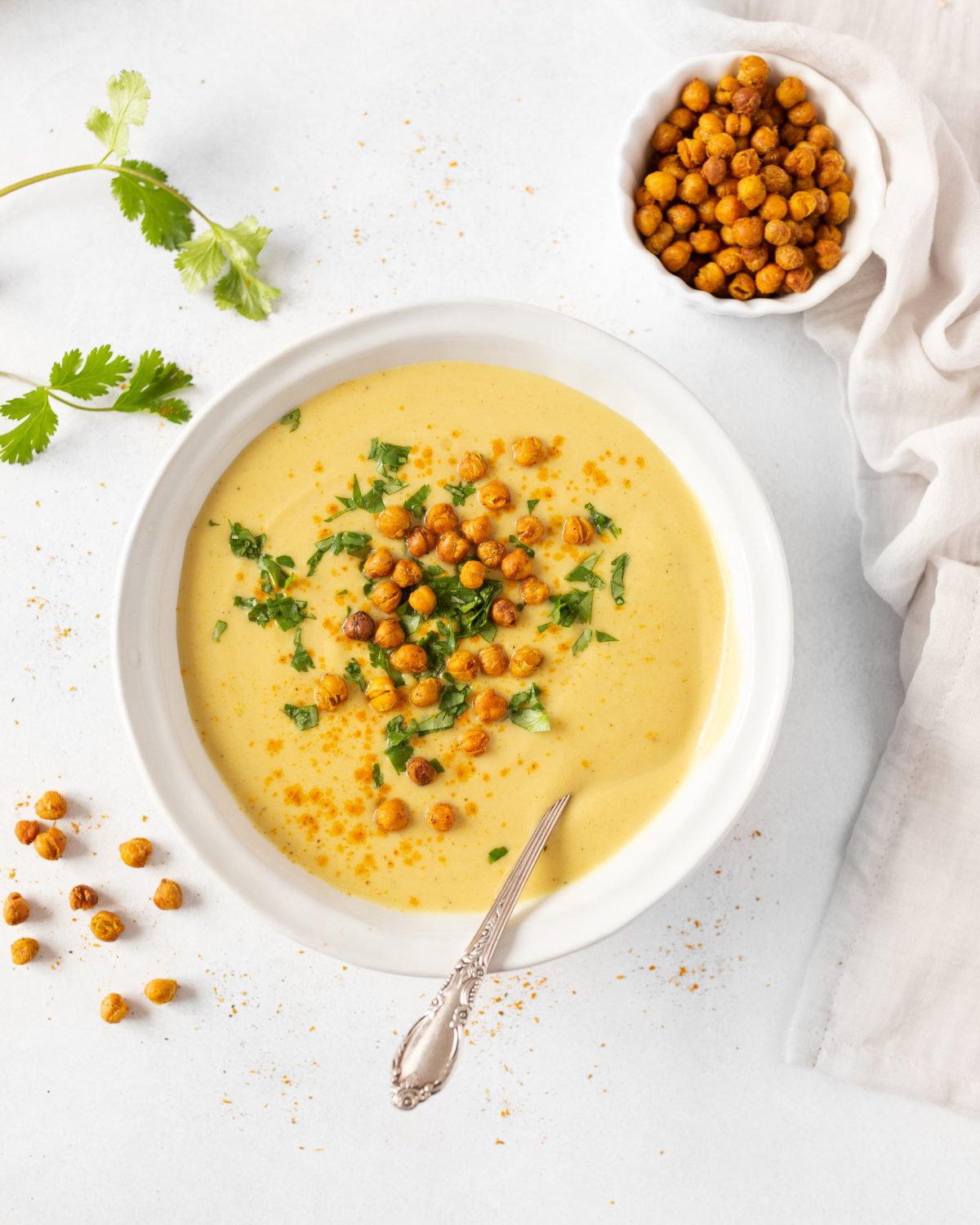 Vegan Curried Cauliflower Soup with Crispy Chickpeas