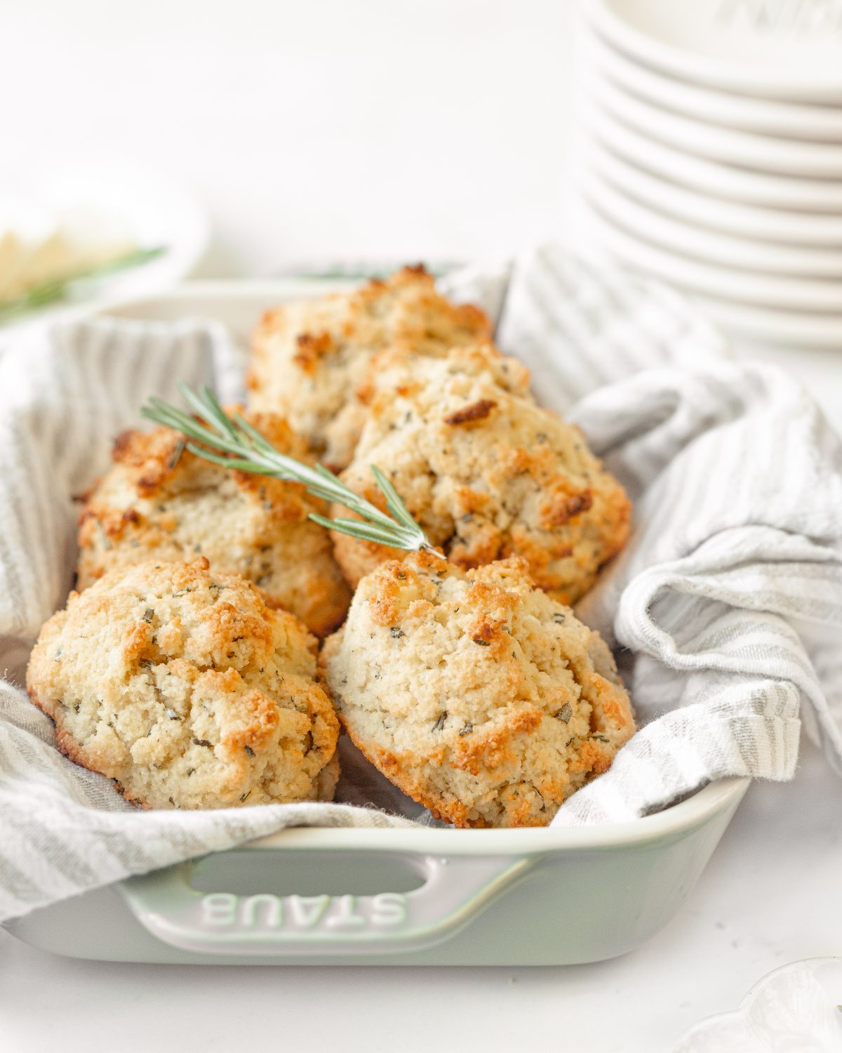 Almond Flour Biscuits with Rosemary (straight on, close-up)