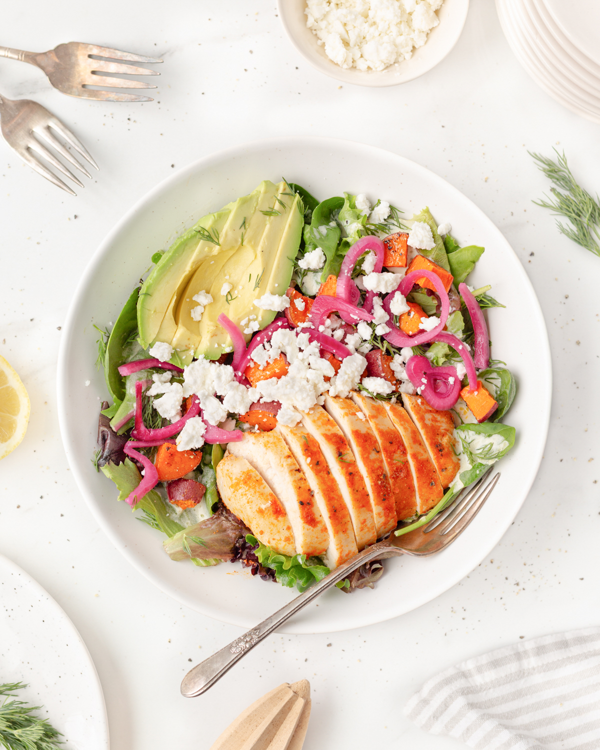 Lemon Dill Chicken Salad plated and topped with feta cheese. 