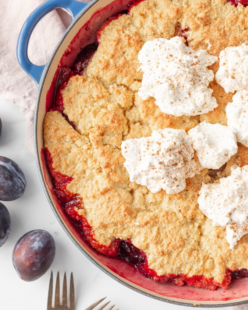 Gluten Free Prune Plum Cobbler baked in an enamelled cast iron skillet and topped with whipped cream.  